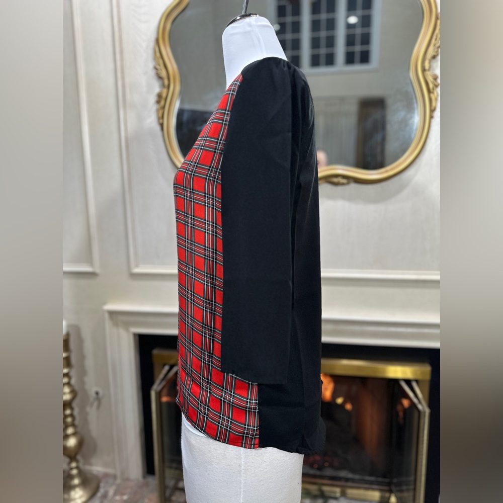 Express Top Small Red Plaid Zip‎ Front 3/4 Sleeve Career Office - Picture 3 of 9